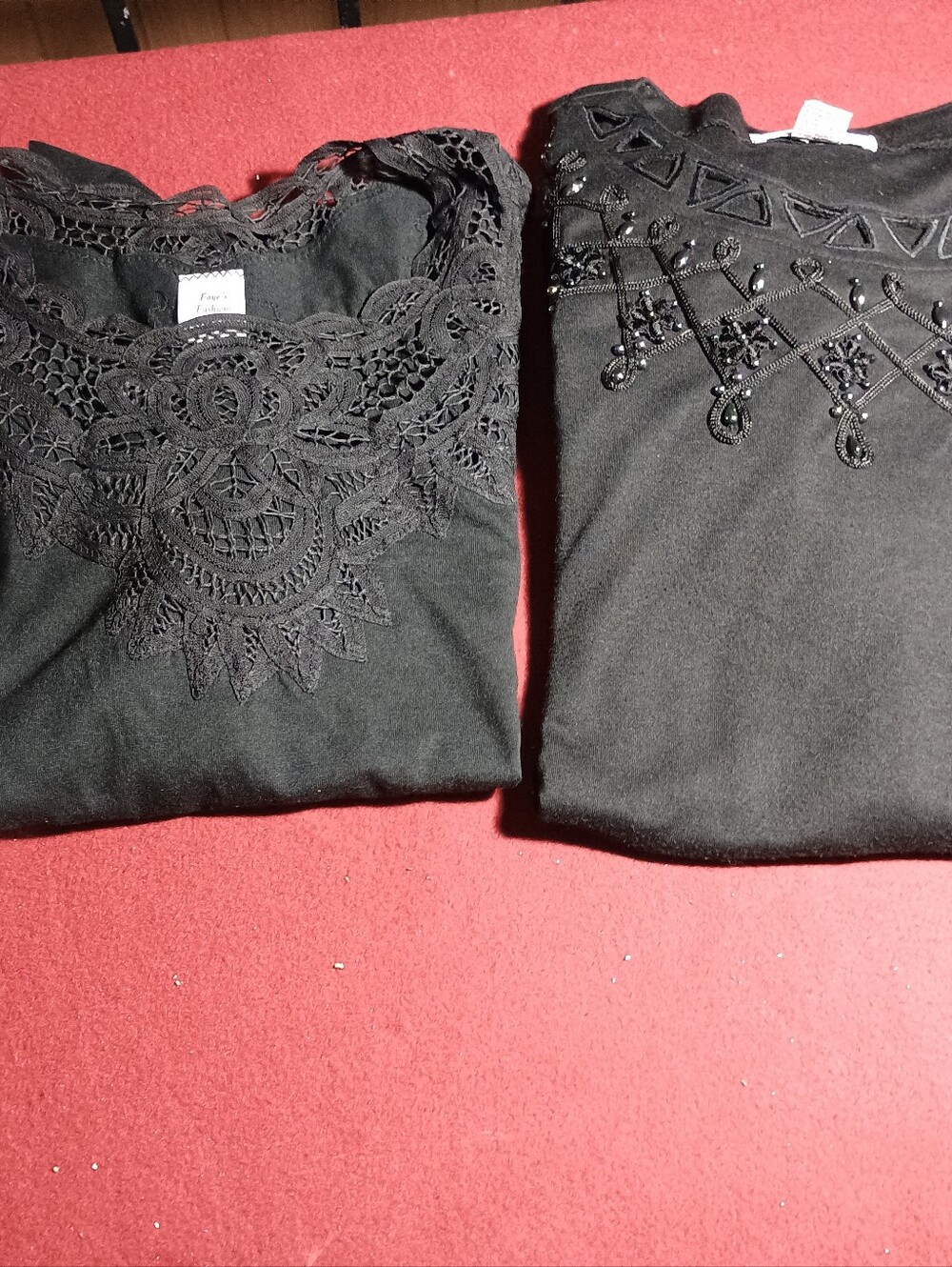 Bundle of 2 Black Short Sleeve Tops One Beaded & One Open Work Detailed See pics - Picture 2 of 12